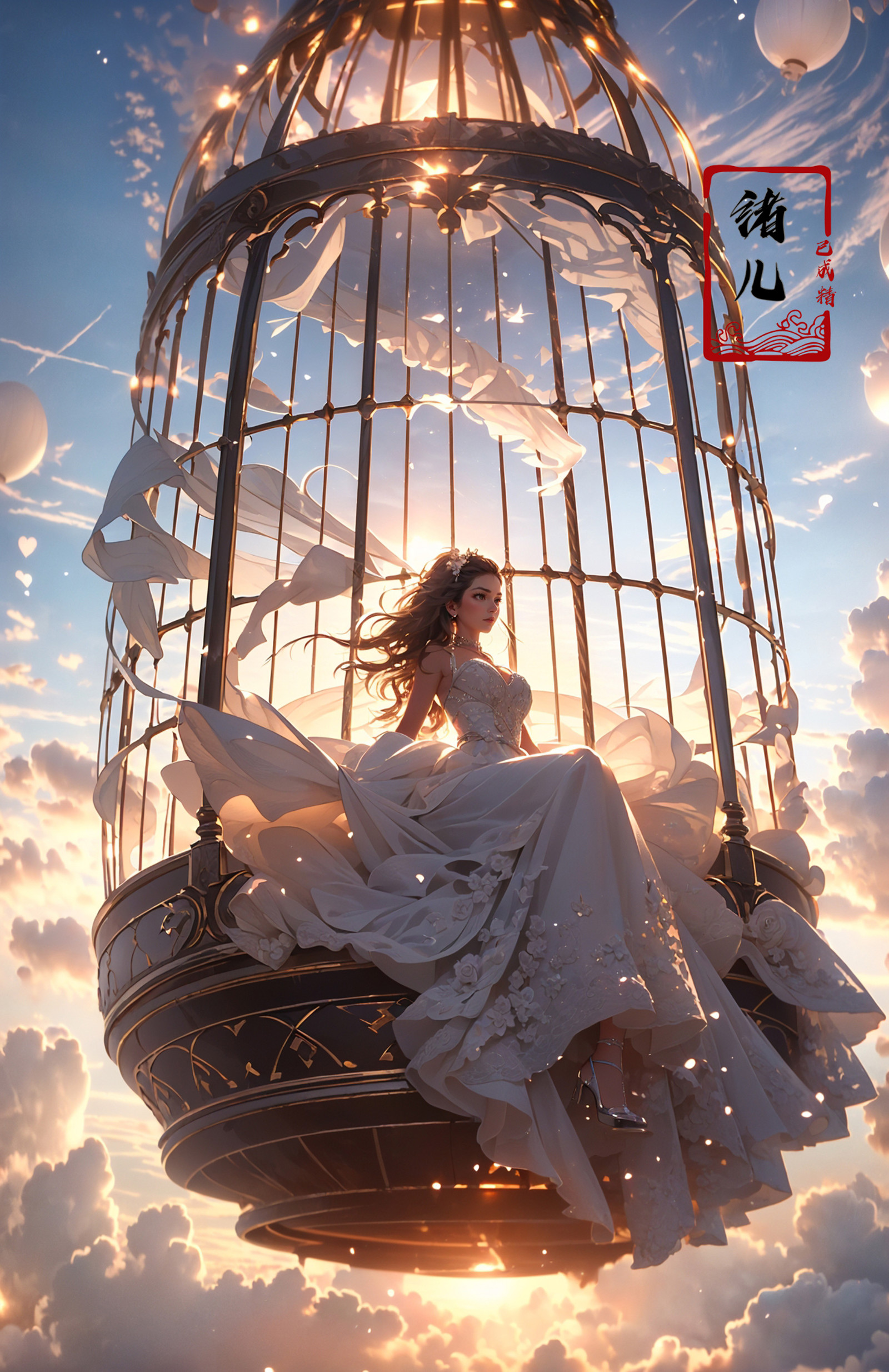 A beautiful woman with an angelic face on a hot air Huge birdcage, Huge birdcage drifts above above clouds, awed by the be...